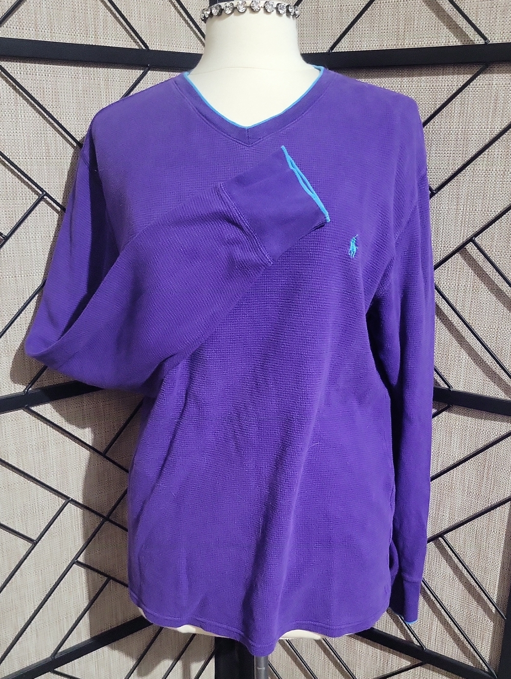 Ralph Lauren Purple V-Neck Sweater with Teal Accent